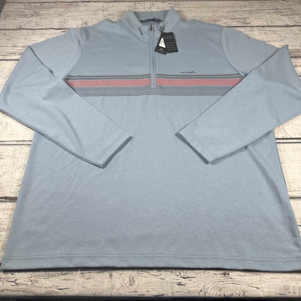 NWT MEN'S TRAVIS MATHEW UPGRADED 1/4 ZIP PULLOVER, SIZE 2XL, blue w/chest stripe